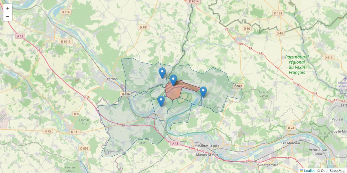 Carte de la zone du code postal  et des codes postaux voisins en France