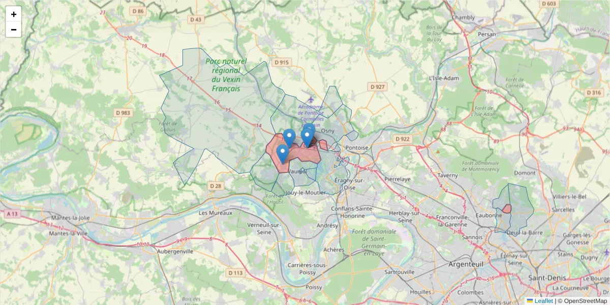 Carte de la zone du code postal  et des codes postaux voisins en France