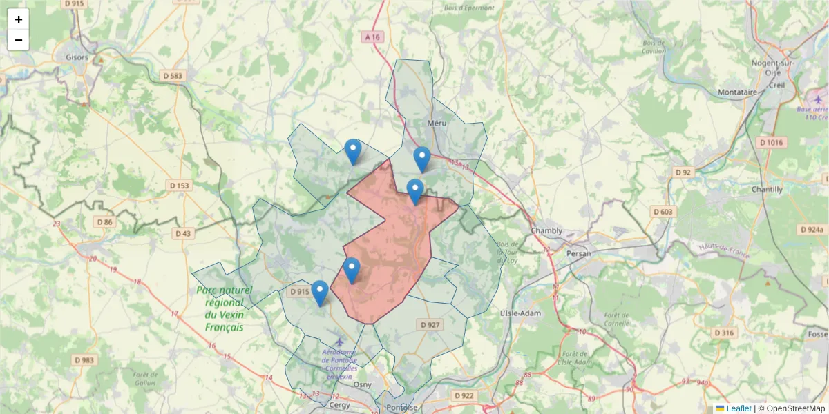 Carte de la zone du code postal  et des codes postaux voisins en France