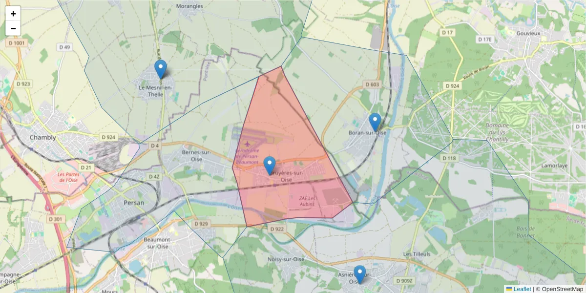 Carte de la zone du code postal  et des codes postaux voisins en France