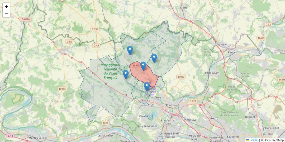 Carte de la zone du code postal  et des codes postaux voisins en France