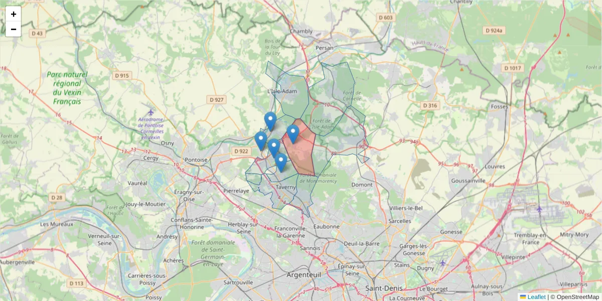 Carte de la zone du code postal  et des codes postaux voisins en France