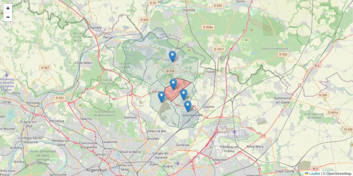 Carte de la zone du code postal  et des codes postaux voisins en France