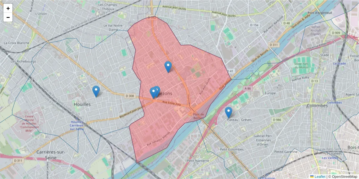 Carte de la zone du code postal  et des codes postaux voisins en France