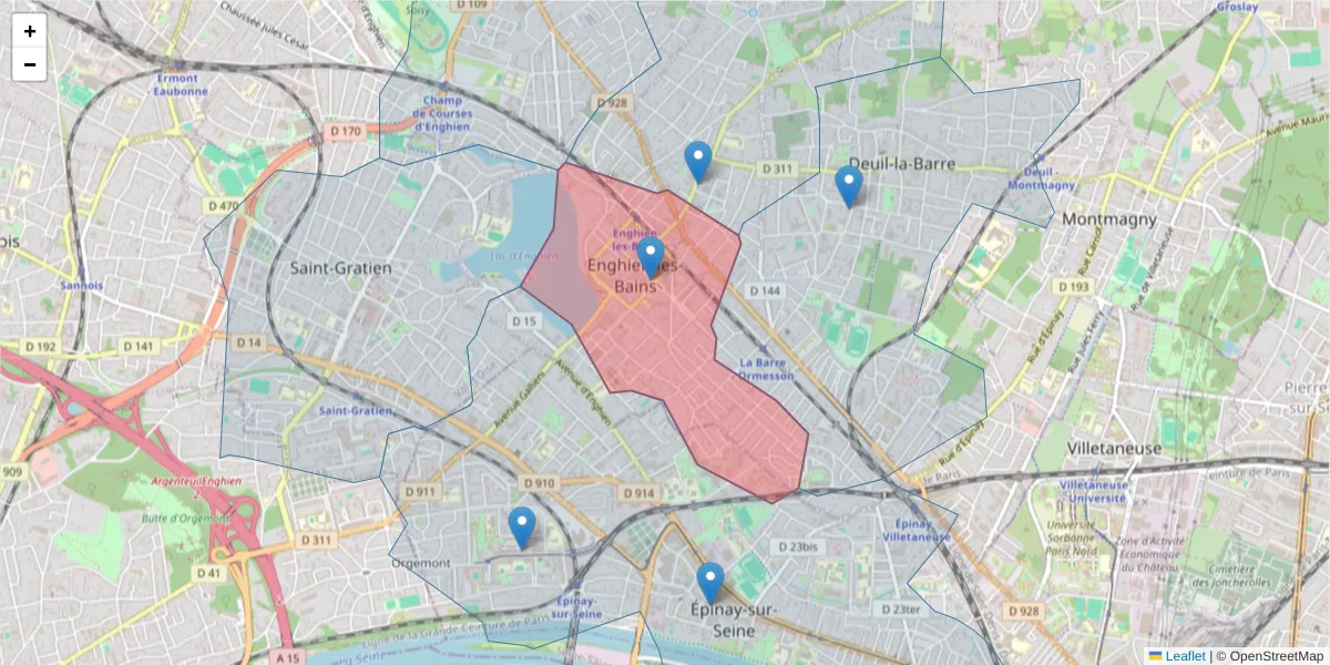 Carte de la zone du code postal  et des codes postaux voisins en France
