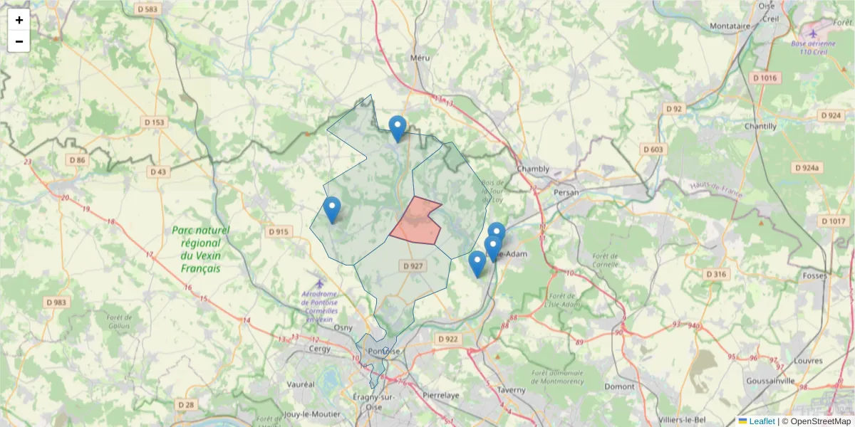 Carte de la zone du code postal  et des codes postaux voisins en France