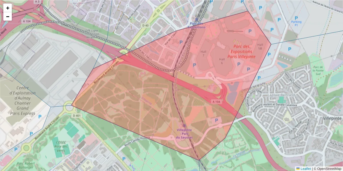 Carte de la zone du code postal  et des codes postaux voisins en France