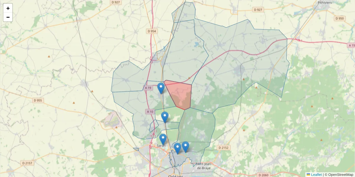 Carte de la zone du code postal  et des codes postaux voisins en France