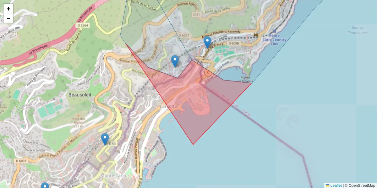 Carte de la zone du code postal  et des codes postaux voisins en France