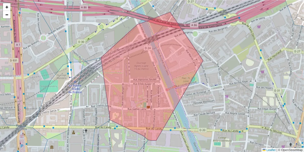 Carte de la zone du code postal  et des codes postaux voisins en France