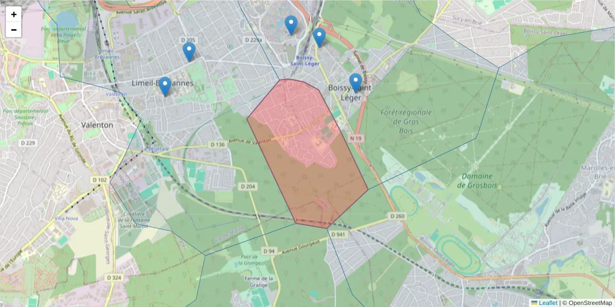 Carte de la zone du code postal  et des codes postaux voisins en France